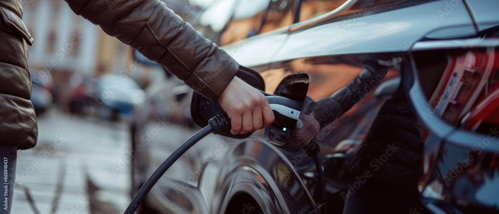 Fototapeta premium Close up of woman's hand plugging in electric car charging station, getting ready to drive the new black vehicle on street