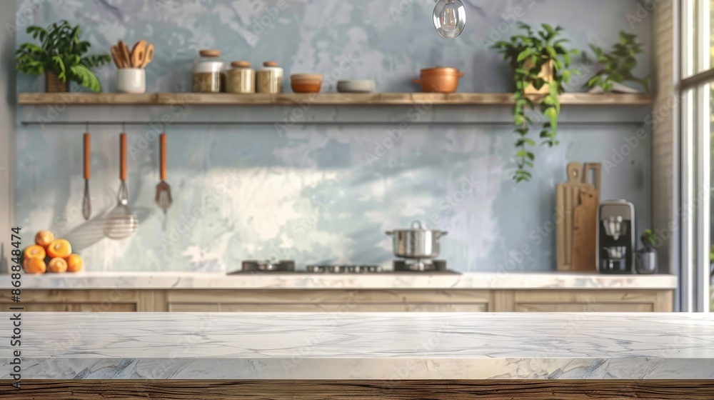 A rustic kitchen with a marble countertop, shelves with various kitchen items, plants, and warm lighting, creating a cozy and inviting atmosphere, perfect for home cooks. A rustic kitchen with a marble countertop, shelves with various kitchen items, plants, and warm lighting, creating a cozy and inviting atmosphere, perfect for home cooks.