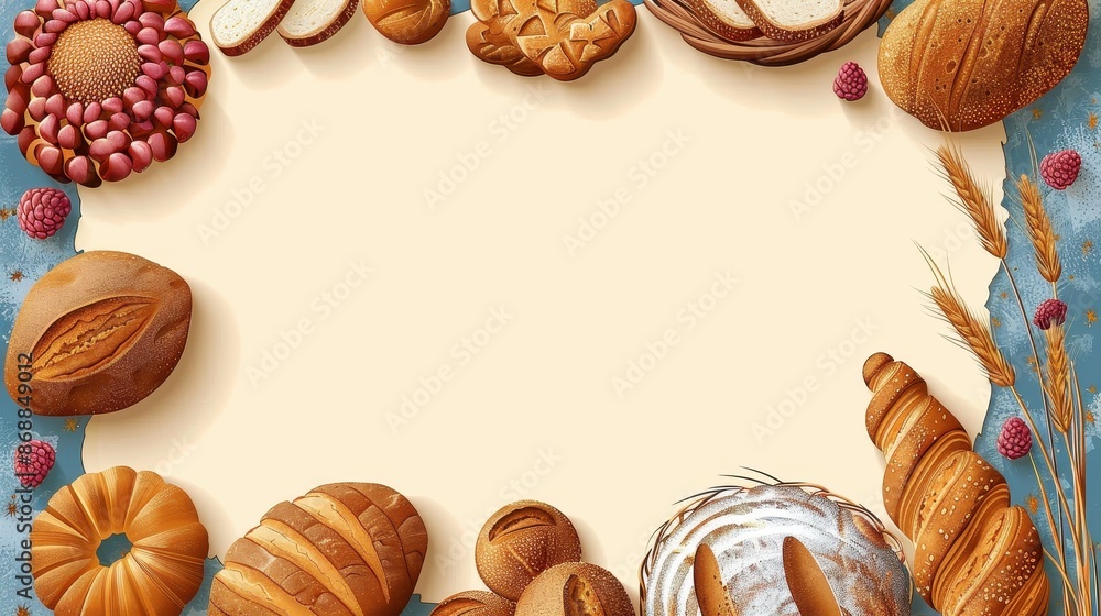 An assortment of bread loaves, pastries, and fresh fruits arranged artistically on a light background, highlighting the abundance, warmth, and wholesome appeal of bakery items. An assortment of bread loaves, pastries, and fresh fruits arranged artistically on a light background, highlighting the abundance, warmth, and wholesome appeal of bakery items.