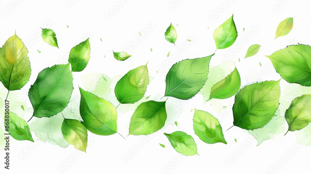 A beautiful illustration depicting vibrant green leaves gracefully scattered across a minimalistic white background, symbolizing nature and freshness with artistic flair. A beautiful illustration depicting vibrant green leaves gracefully scattered across a minimalistic white background, symbolizing nature and freshness with artistic flair.