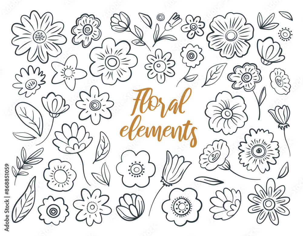 Line Art Floral Design Elements Set. Isolated Doodle Clip Arts with Flowers and Leaves. Beautiful Romantic Spring and Summer Flower Collection. Vector Illustrations on White Background. Line Art Floral Design Elements Set. Isolated Doodle Clip Arts with Flowers and Leaves. Beautiful Romantic Spring and Summer Flower Collection. Vector Illustrations on White Background.