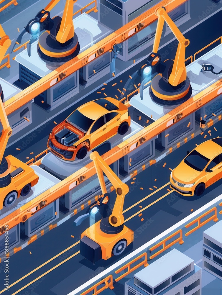 A vibrant illustration depicting a modern car assembly line, showcasing the seamless integration of robots and human workers in the manufacturing process. Generative AI A vibrant illustration depicting a modern car assembly line, showcasing the seamless integration of robots and human workers in the manufacturing process. Generative AI