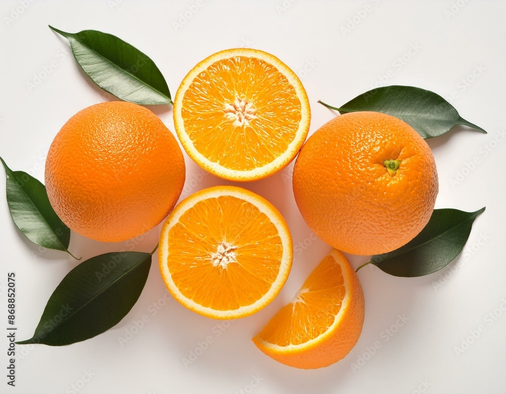 A close up of a few oranges with green leaves A close up of a few oranges with green leaves