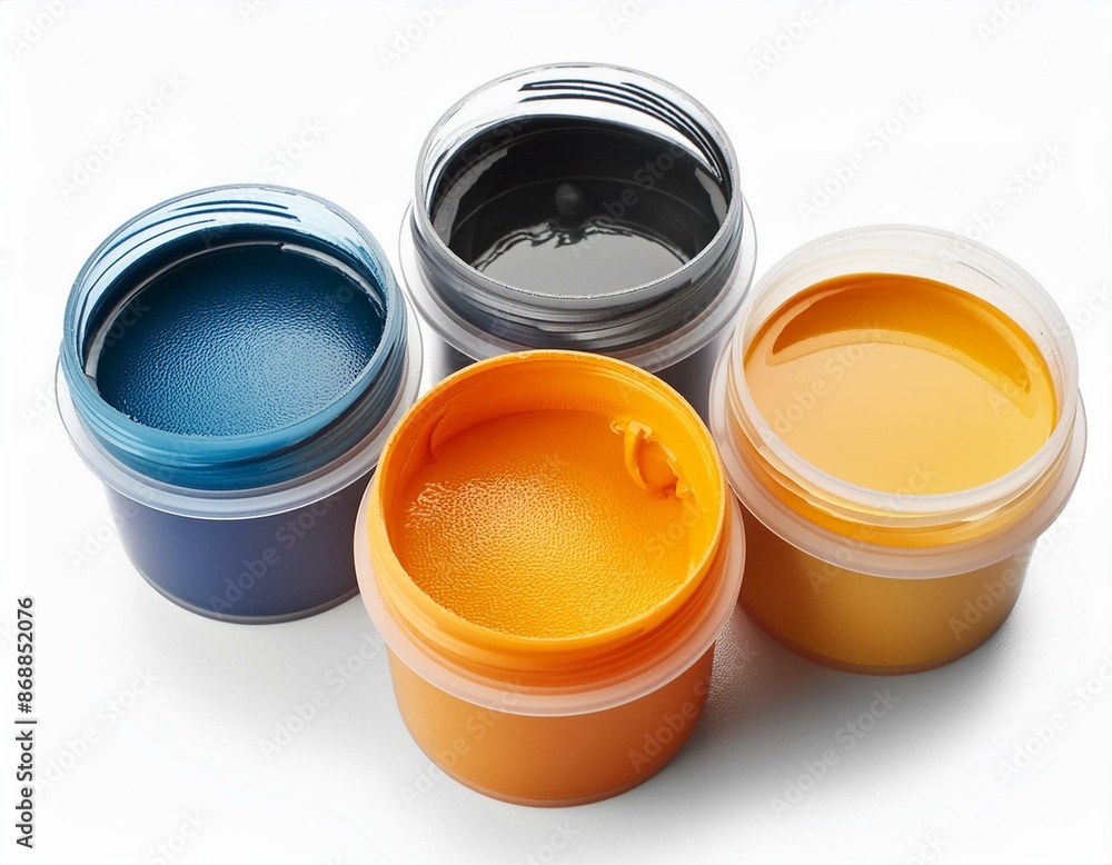 Four different colored paint jars are lined up on a white background Four different colored paint jars are lined up on a white background