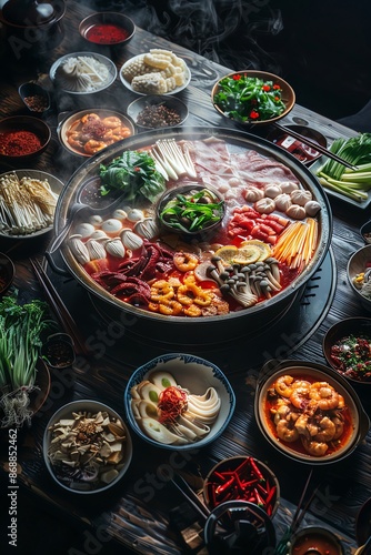 Hot Pot a communal Chinese dish featuring a simmering pot of broth at the center of the table