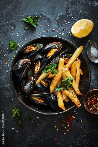 Moules Frites steamed mussels served in a savory broth with a side of crispy fries