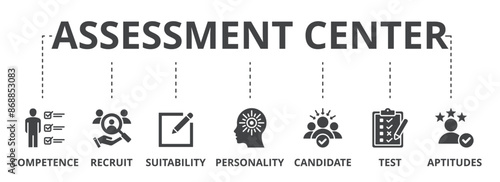 Assessment center concept icon illustration contain competence, recruit, suitability, personality, candidate, test and aptitudes.