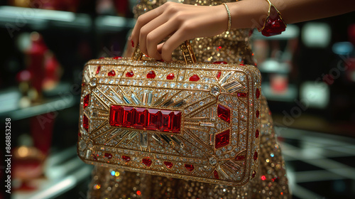 A women's hand holding a luxury gold handbag encrusted with shiny white diamonds and vibrant red ruby gemstones photo