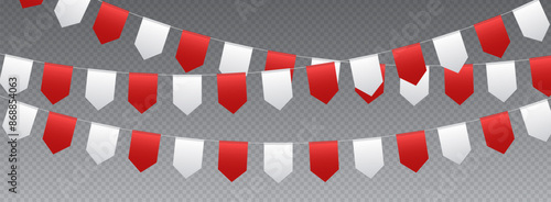 Bunting flags, carnival party flags, white and red festive pennants hanging on a rope. Festival vector decoration.