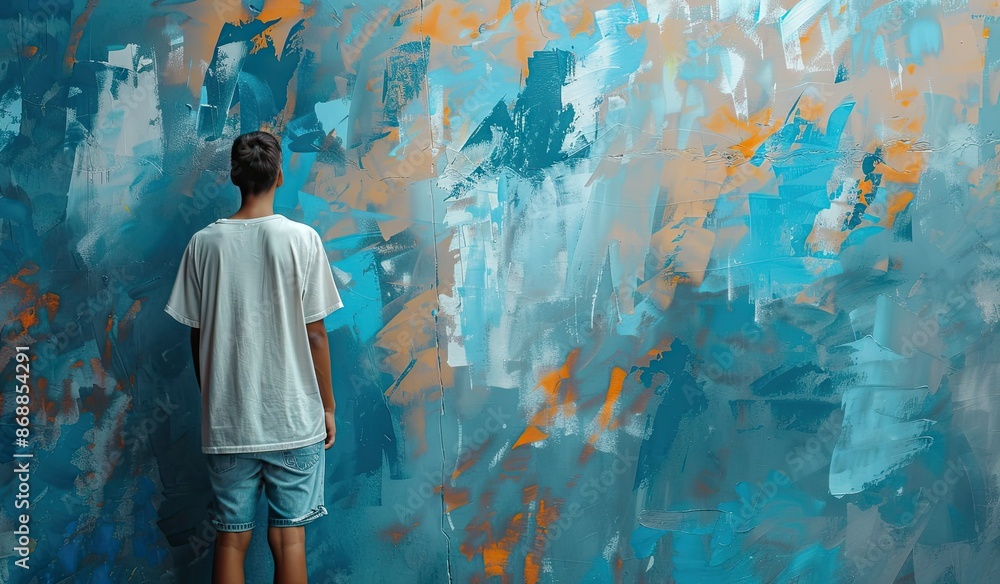 Fototapeta premium A Person Gazing at a Blue and Orange Abstract Painting