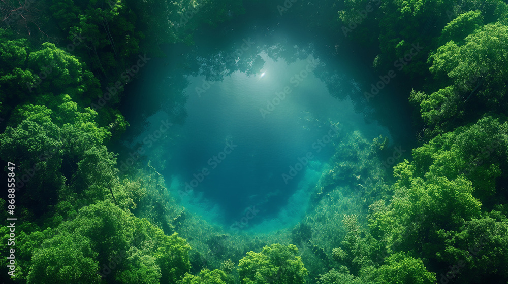 Aerial View: Dense Forest with Turquoise Lake Aerial View: Dense Forest with Turquoise Lake