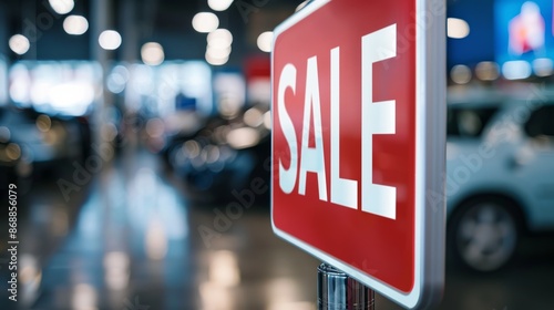 SALE sign with blurred car dealership background