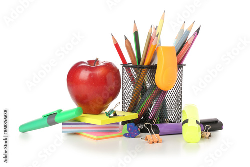 Red apple with school suppl...