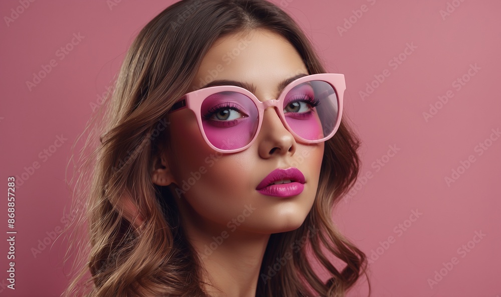 Woman in pink sunglasses posing with pink backdrop. Woman in pink sunglasses posing with pink backdrop.
