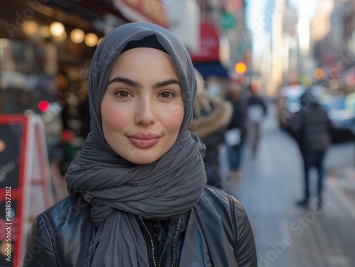 Portrait of a young woman wearing a hijab. AI.