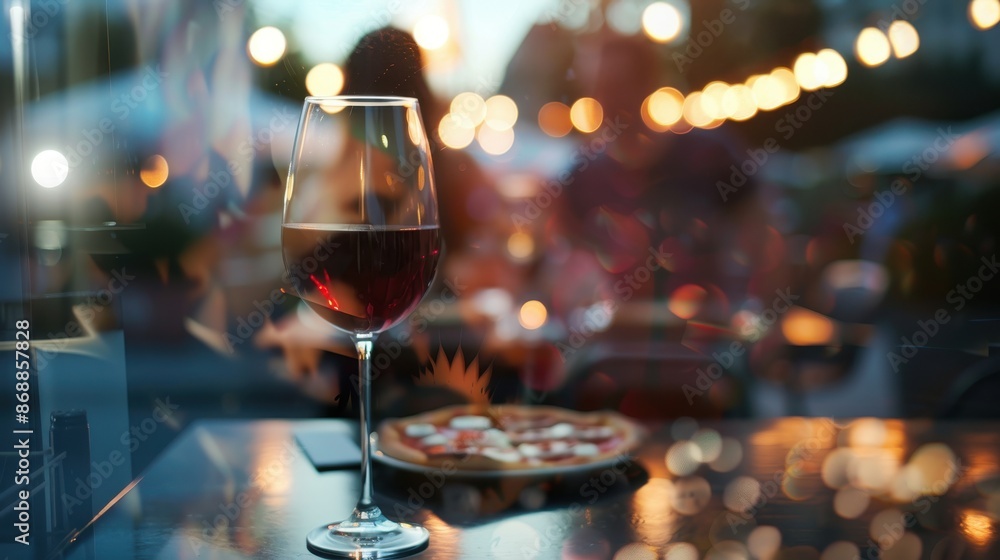Piazza cafe focus on, copy space, outdoor dining, double exposure silhouette with pizza and wine Piazza cafe focus on, copy space, outdoor dining, double exposure silhouette with pizza and wine