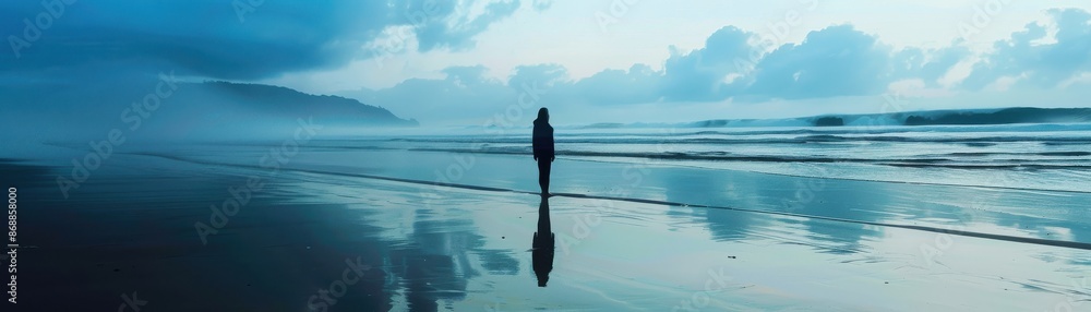 Ocean beach focus on, copy space, serene shore, double exposure silhouette with water reflections Ocean beach focus on, copy space, serene shore, double exposure silhouette with water reflections