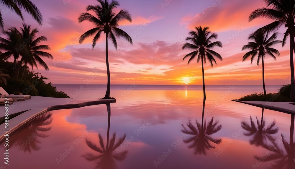 Fototapeta premium Serenity at sunset: An infinity pool blending into the ocean, framed by swaying palm trees, with the sky painted in shades of orange and pink.