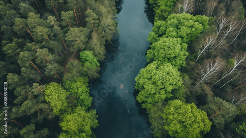 Aerial View: Fresh Green Leaves and River in Early Spring