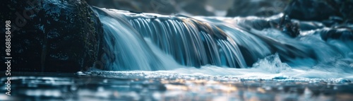Waterfall close up, focus on, copy space, cascading flow, double exposure silhouette with ocean backdrop