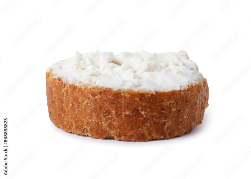 Delicious fresh ricotta (cream cheese) on piece of bread isolated on white Delicious fresh ricotta (cream cheese) on piece of bread isolated on white