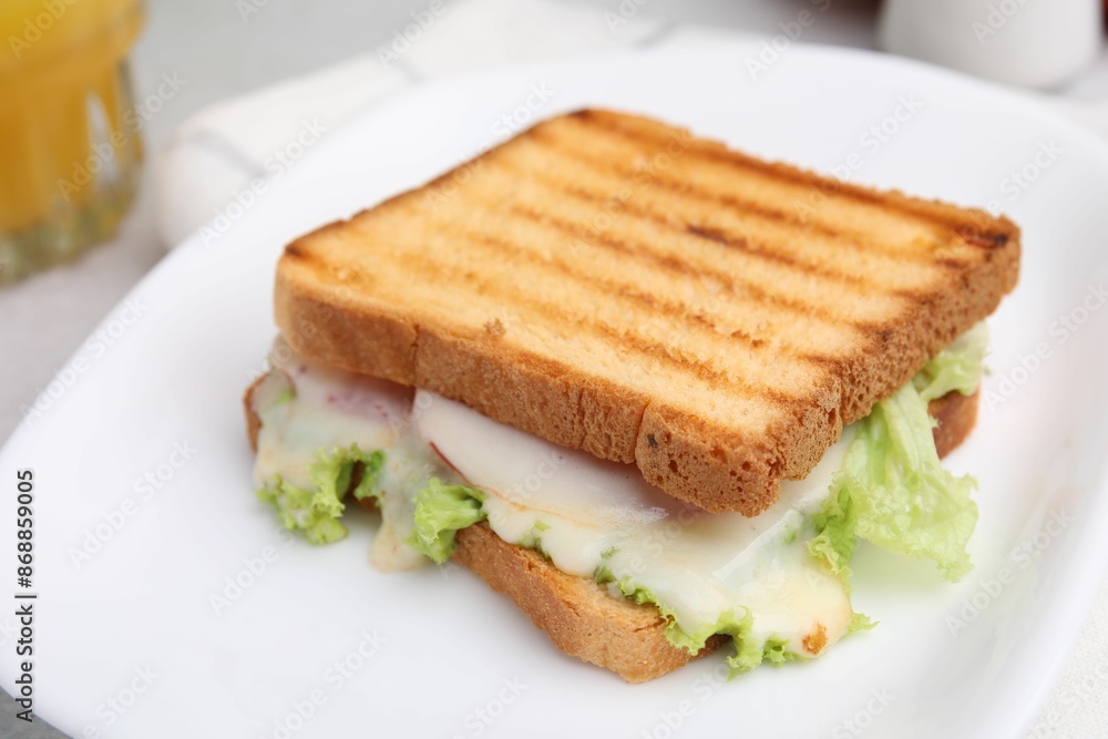 Tasty toasted bread with melted cheese and lettuce on table, closeup Tasty toasted bread with melted cheese and lettuce on table, closeup