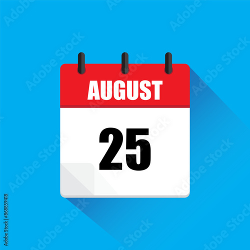 Calendar icon August. Red header design. Twenty fifth August. Vector illustration.