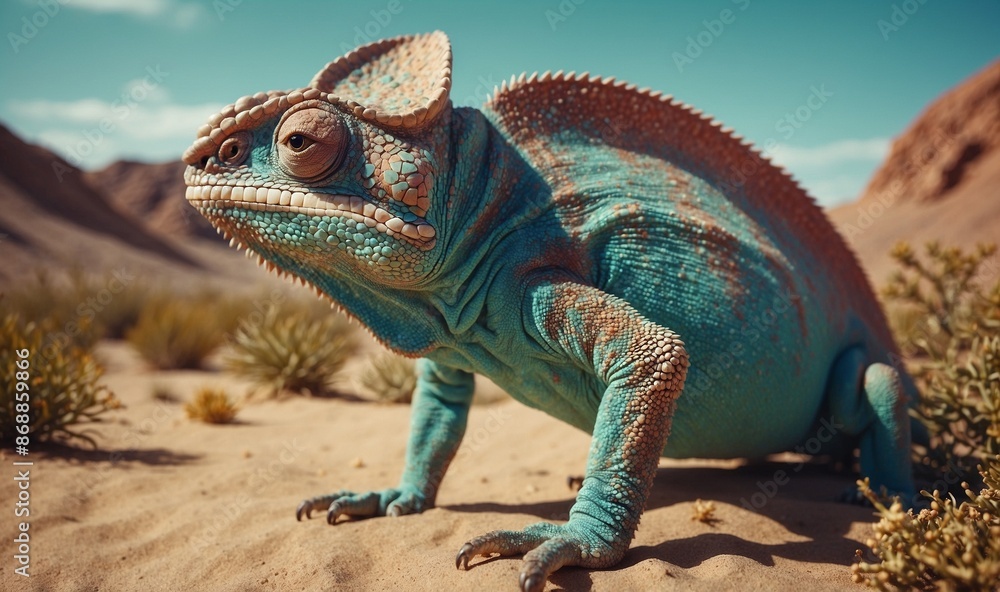 Obraz premium Close-up of colorful chameleon in a desert setting
