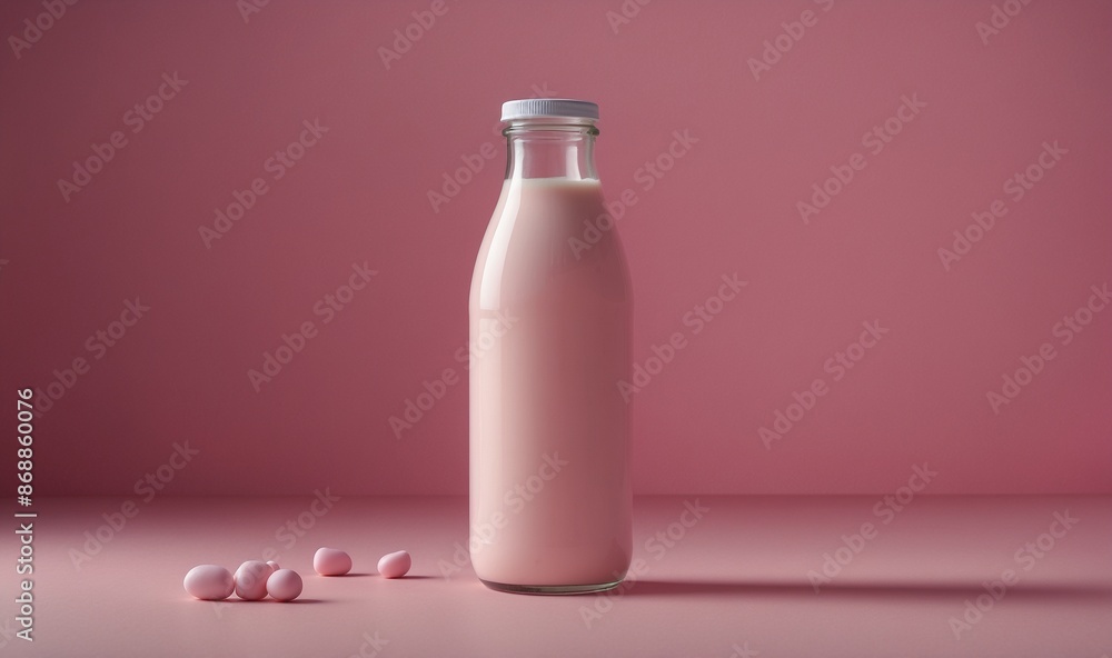 Pastel pink milk bottle with candy against pink backdrop Pastel pink milk bottle with candy against pink backdrop
