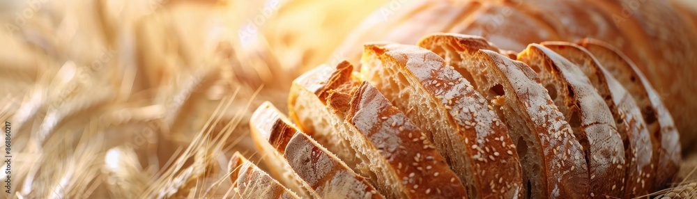 Sliced bread close up, focus on, copy space, soft interior, double exposure silhouette with wheat harvest Sliced bread close up, focus on, copy space, soft interior, double exposure silhouette with wheat harvest