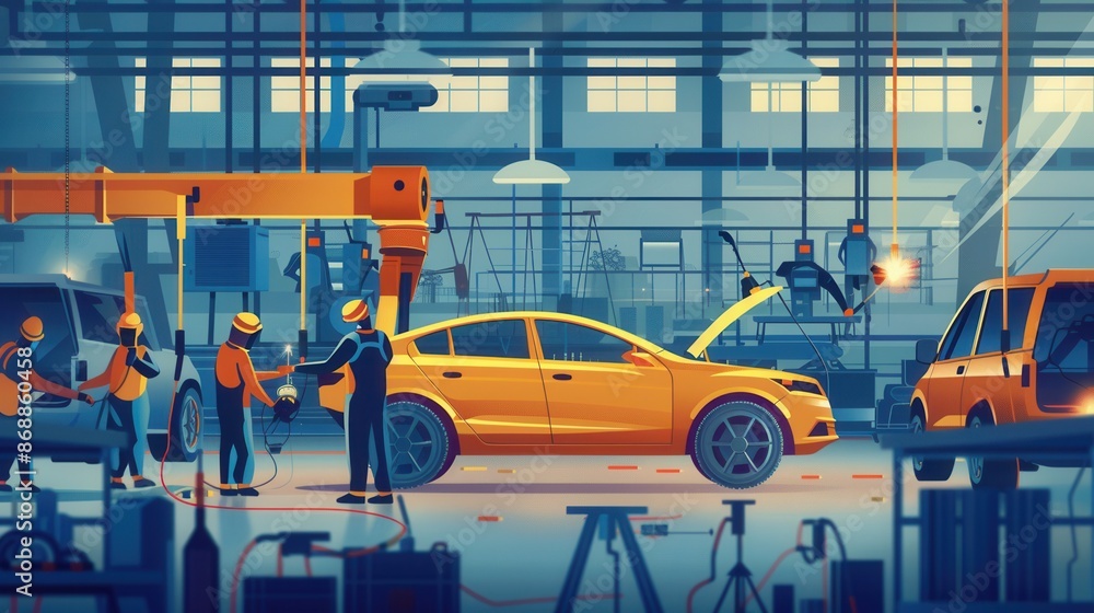 Fototapeta premium An illustration depicting a bustling automotive body shop where workers are welding and assembling car parts. Generative AI