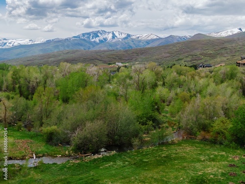 Fotografía Spring forest, river and mountain range near Heber City, Utah, United States of America