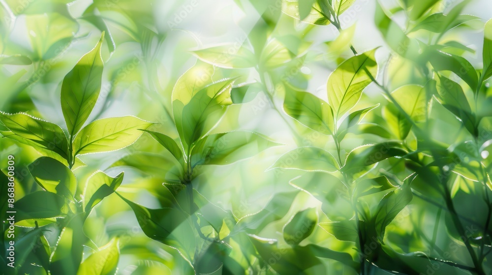 Tea leaves close up, focus on, copy space, fresh green, double exposure silhouette with cherry tree Tea leaves close up, focus on, copy space, fresh green, double exposure silhouette with cherry tree
