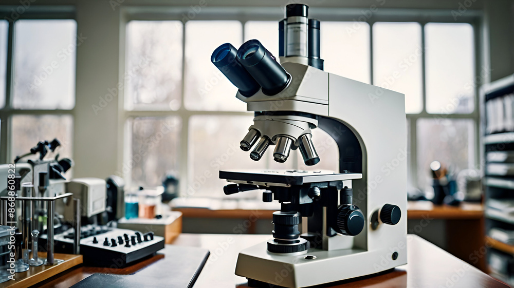 Scientific microscope on laboratory desk with researching instruments view. Ai generative Scientific microscope on laboratory desk with researching instruments view. Ai generative