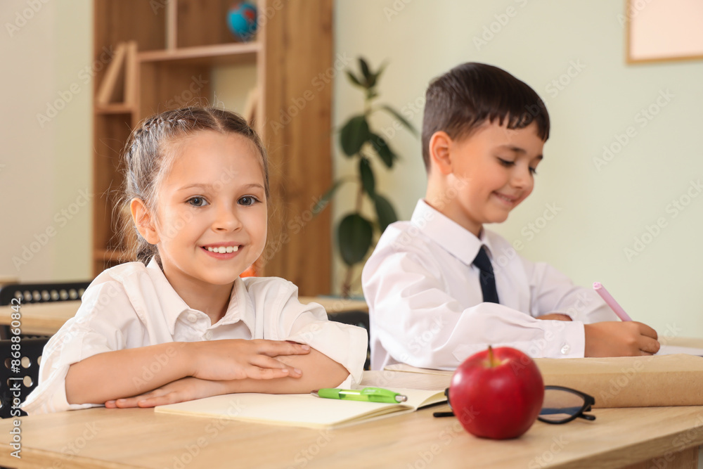 Fototapeta premium Little schoolgirl sitting at desk in classroom