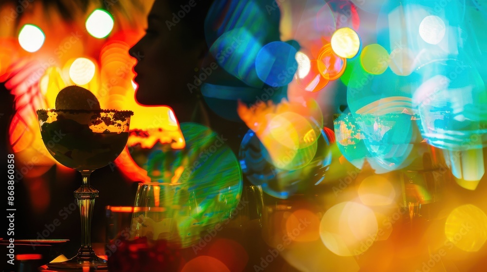 Fiesta scene focus on, copy space, colorful atmosphere, double exposure silhouette with tacos and salsa Fiesta scene focus on, copy space, colorful atmosphere, double exposure silhouette with tacos and salsa