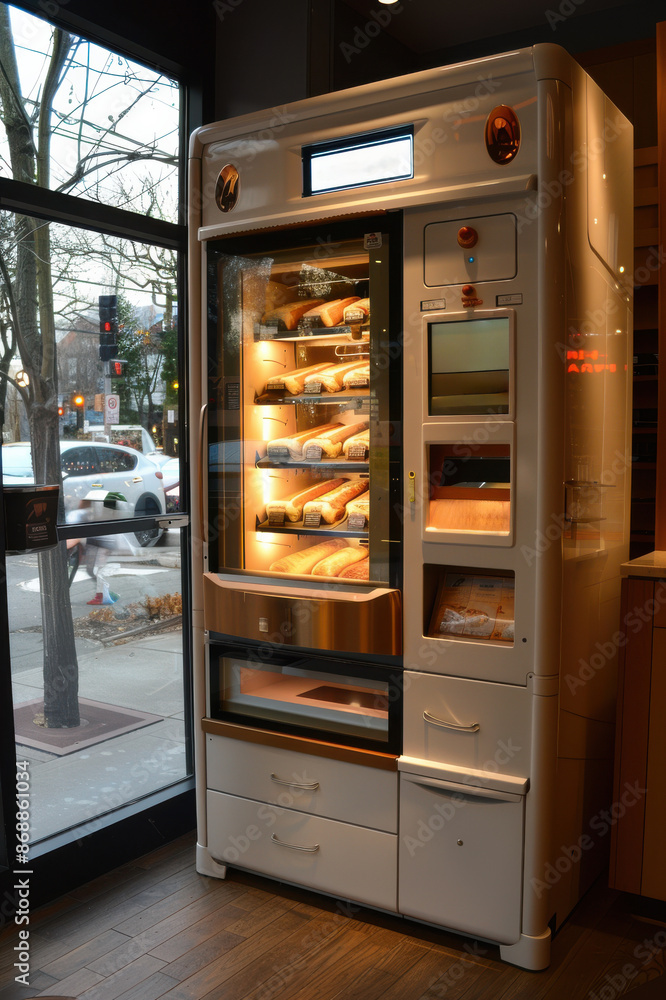 A white bread vending machine with a window in front of it A white bread vending machine with a window in front of it