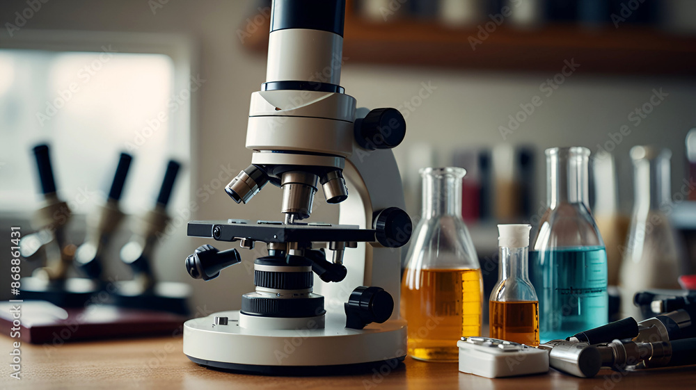 Scientific microscope on laboratory desk with researching instruments view. Ai generative Scientific microscope on laboratory desk with researching instruments view. Ai generative