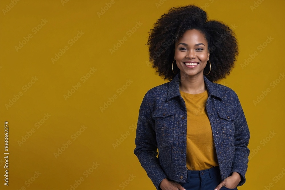 African American woman with smile on her face next to empty space on dark yellow background. Beautiful young woman in winter clothes. Space for advertising text.