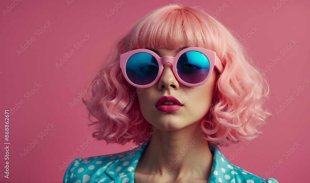 Person with pink curly wig wearing pink sunglasses, polka dot Person with pink curly wig wearing pink sunglasses, polka dot