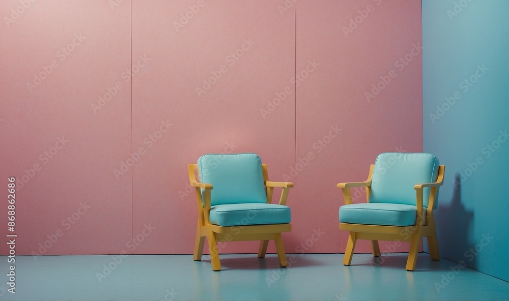 Fototapeta premium Two blue upholstered chairs with yellow frame background