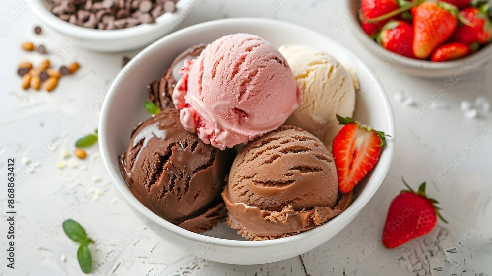 Top view ice creams scoops that various flavor in white bowl isolated on background,, Bowl of various colorful ice cream Top view ice creams scoops that various flavor in white bowl isolated on background,, Bowl of various colorful ice cream