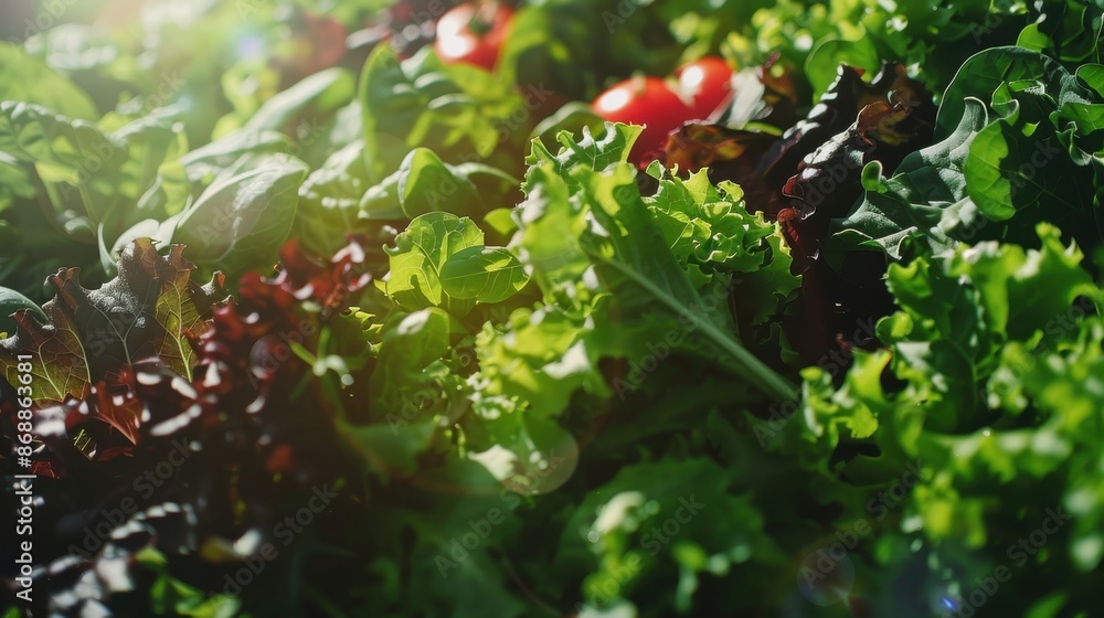 Salad mix close up, focus on, copy space, leafy greens, double exposure silhouette with market atmosphere Salad mix close up, focus on, copy space, leafy greens, double exposure silhouette with market atmosphere
