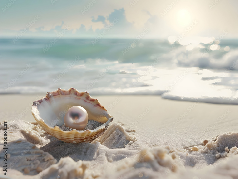 A beautiful pearl nestled in an open seashell on a sandy beach with gentle waves and a serene sunrise background. A beautiful pearl nestled in an open seashell on a sandy beach with gentle waves and a serene sunrise background.