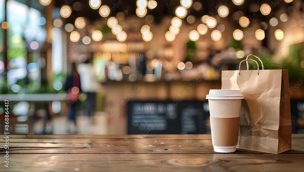 A cozy cafe scene with a to-go coffee cup and paper bag on a wooden table under warm, ambient lighting. Perfect for themes of relaxation and comfort. A cozy cafe scene with a to-go coffee cup and paper bag on a wooden table under warm, ambient lighting. Perfect for themes of relaxation and comfort.