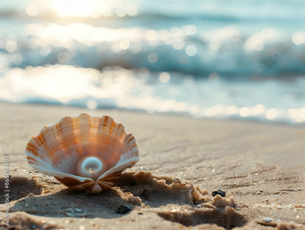 A delicate pearl nestled in an open seashell rests on the sandy shore, with ocean waves gently rolling in the background at sunset. A delicate pearl nestled in an open seashell rests on the sandy shore, with ocean waves gently rolling in the background at sunset.