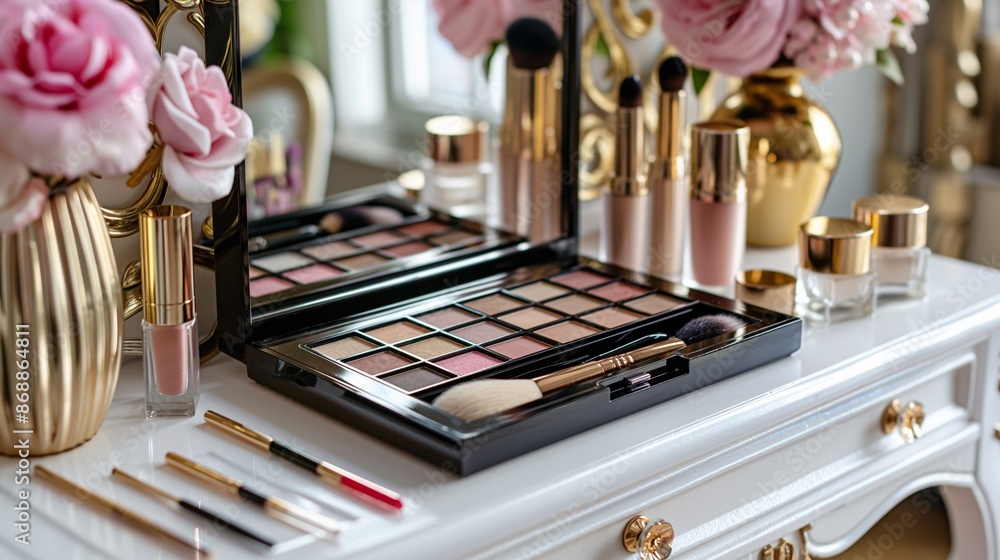 A complete makeup set on a stylish vanity table. A complete makeup set on a stylish vanity table.