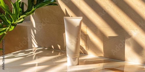 A luxurious white body cream tube on a beautifully lit surface. photo