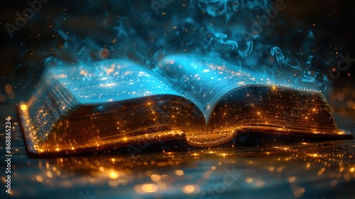 Mystical Open Book with Glowing Blue Smoke