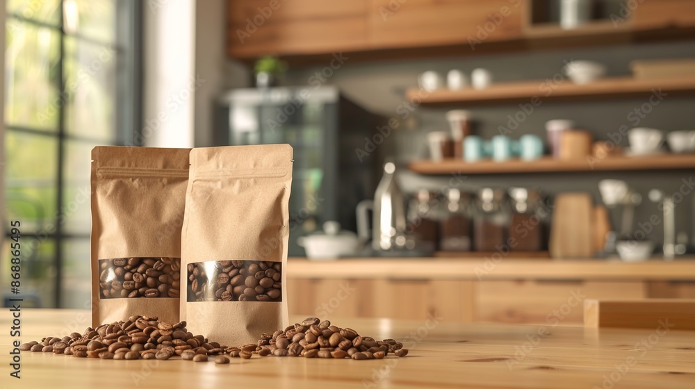 Paper coffee bags with coffee beans with blurry kitchen background Paper coffee bags with coffee beans with blurry kitchen background